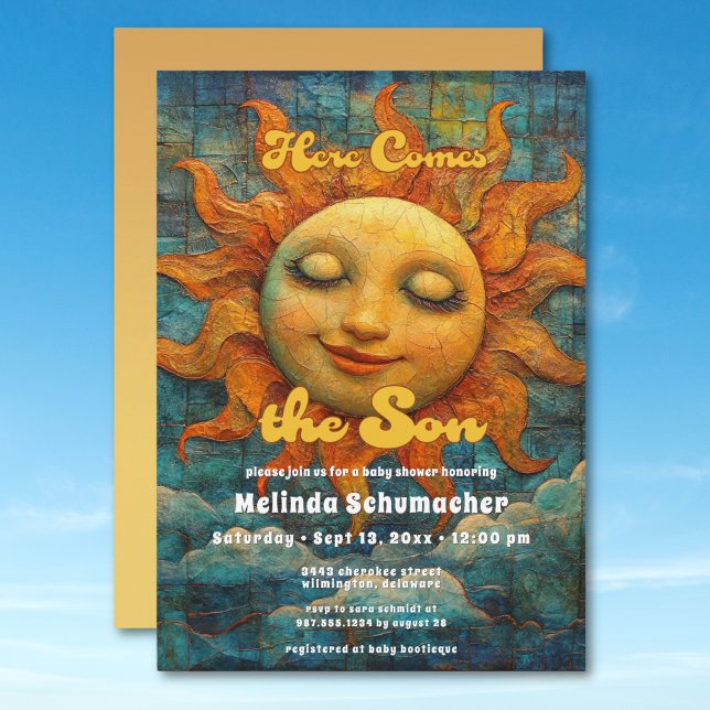 Convite Aqui vem o Chá de fraldas Filho Retro Celestial (Here Comes the Son Retro Celestial Baby Shower Invitation)