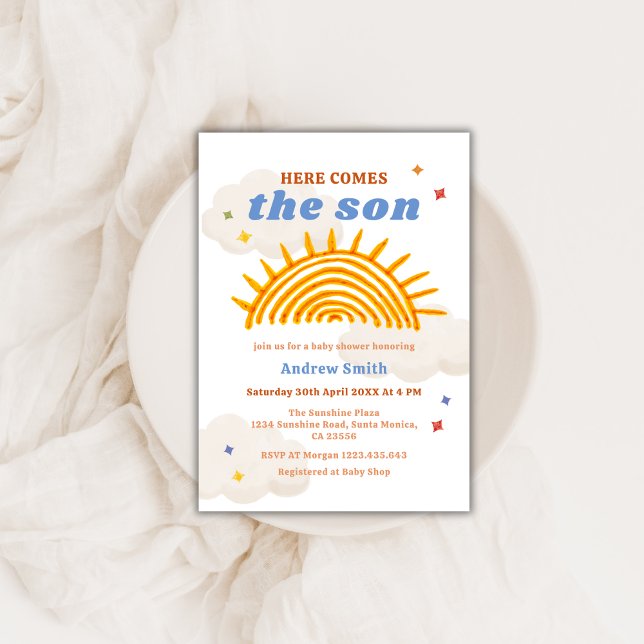 Convite Aqui vem o Chá de fraldas Sol (Here comes The Sun Sunshine Baby Shower Invitation)