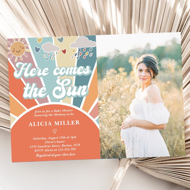 Convite Aqui Vem O Chá de fraldas Sol Muted Rainbow (Criador carregado)