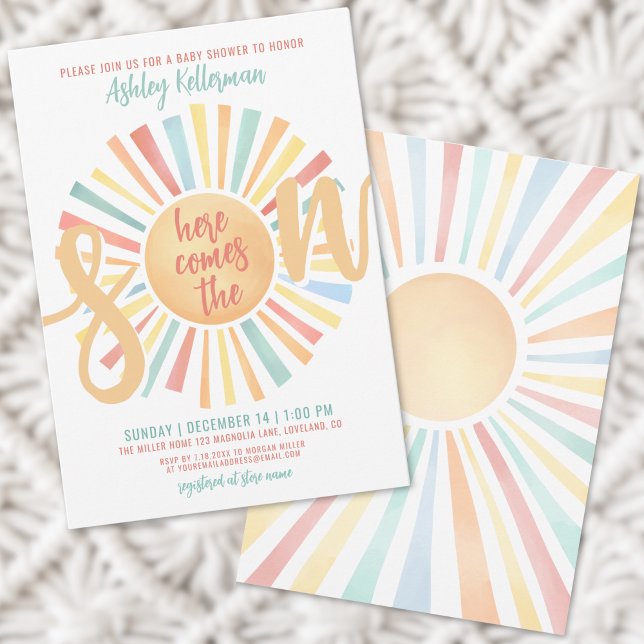 Convite Aqui Vem O Chá de fraldas Son Boho (Here Comes The Son Boy Baby Shower Invitation)