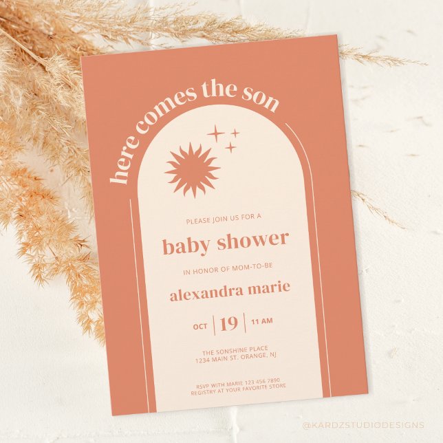 Convite Aqui vem o Chá de fraldas Son Terracotta Boho (Terracotta, Here comes the son, boho baby shower invitation. With arc, sunshine and stars details)