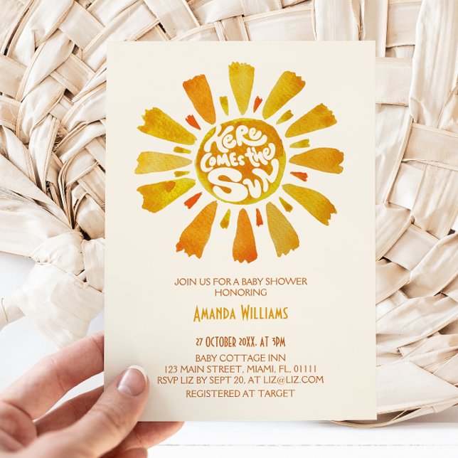 Convite Aqui Vem O Chá de fraldas Sun Watercolor (Criador carregado)