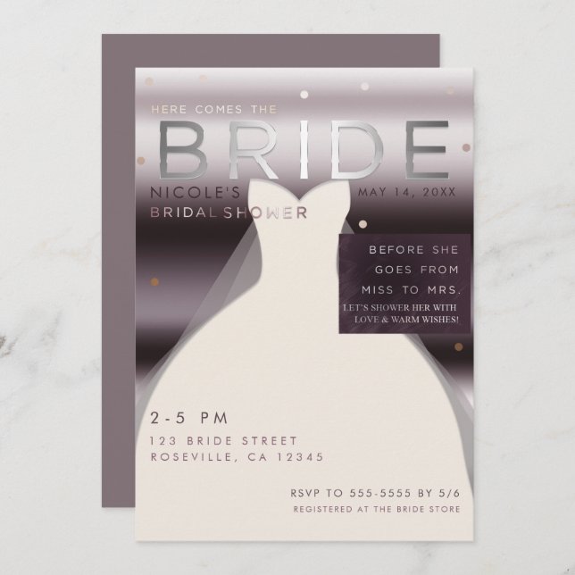 Convite Aqui vem o Chá de panela roxo BRIDE Silver (Frente/Verso)