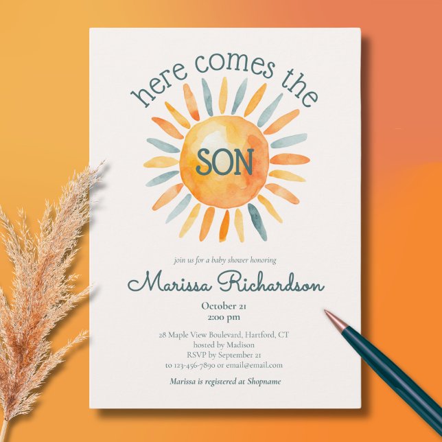 Convite Aqui vem o Chá do Filho Menino (here comes the son baby boy shower invitation, cute retro watercolor sun ray of sunshine)