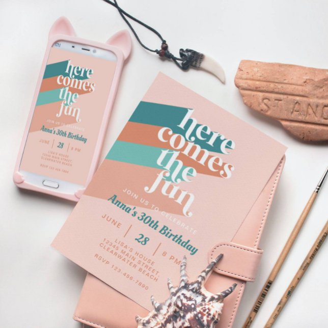 Convite Aqui vem o divertido Retro Boho aniversário de 30  (Criador carregado)