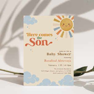 Convite Aqui Vem o Filho Boho Vintage Retro Chá de Bebê
