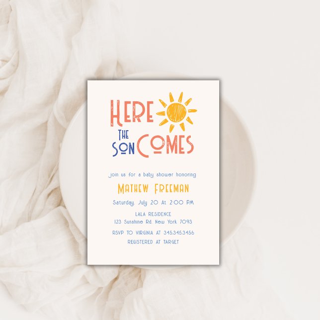 Convite Aqui Vem O Filho Chá de fraldas Retrosolar Mínimo (Here Comes The Son Minimal Retro Sun Baby Shower Invitation)