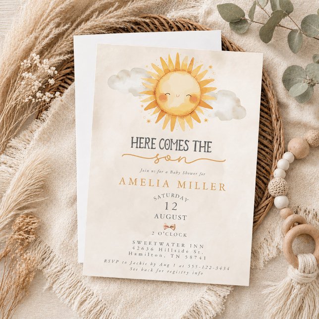 Convite Aqui Vem o Filho Churrasco Boho de Bebê (Here Comes the Son Boho Boy Baby Shower Invitation)