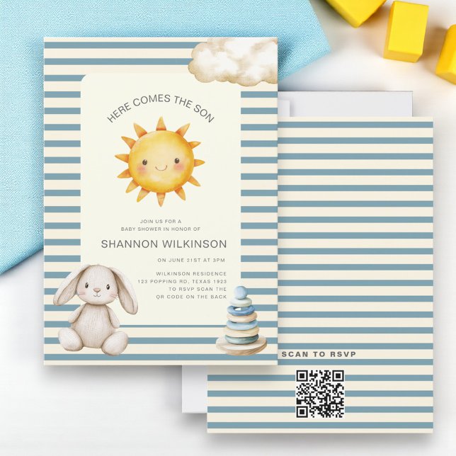 Convite Aqui vem o filho código QR listras chá de bebê (Criador carregado)