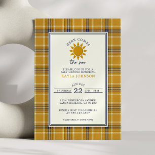 Convite Aqui Vem o Filho Preppy Xadrez Tartan Amarelo Azul