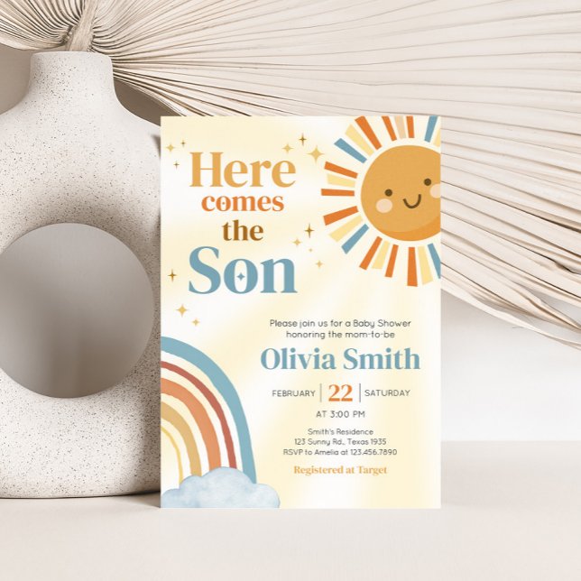 Convite Aqui vem o Filho Retro Sunshine Chá de fraldas (Here Comes the Son Retro Sunshine Baby Shower Invitation)