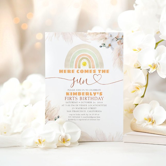Convite Aqui Vem O primeiro aniversario Arco-Íris Do Sol (Here Comes The Sun Birthday Invitations)