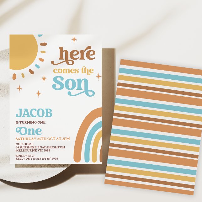 Convite Aqui Vem O primeiro aniversario Do Sol. (Here come the sun 1st birthday invitation boy, Retro sun first birthday party invitation, Sunshine)