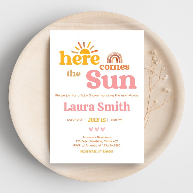 Convite Aqui vem o Sol  Chá de Bebê (Here comes the Sun Sunshine Baby Shower Invitation)