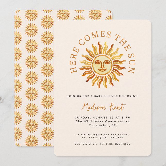 Convite Aqui Vem o Sol Chá de Bebê Boho Moderno (Frente/Verso)