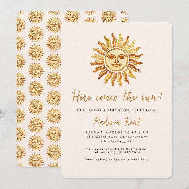 Convite Aqui Vem o Sol Chá de Bebê Boho Moderno do Sol (Frente/Verso)