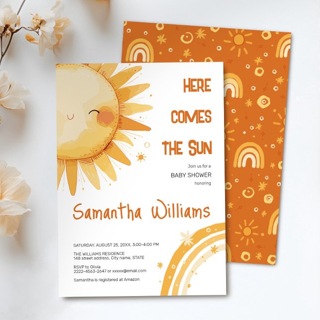 Convite Aqui vem o Sol | Chá de fraldas Boho Rainbow (Here comes the Sun watercolor cute baby shower invitation )