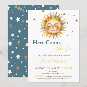 Convite Aqui Vem o Sol Dourado Brilho Estrelas Baby Shower