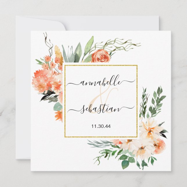 Convite *~* AR21 QR RSVP Dourado FLUXOS Glitter CASAMENTO (Frente)