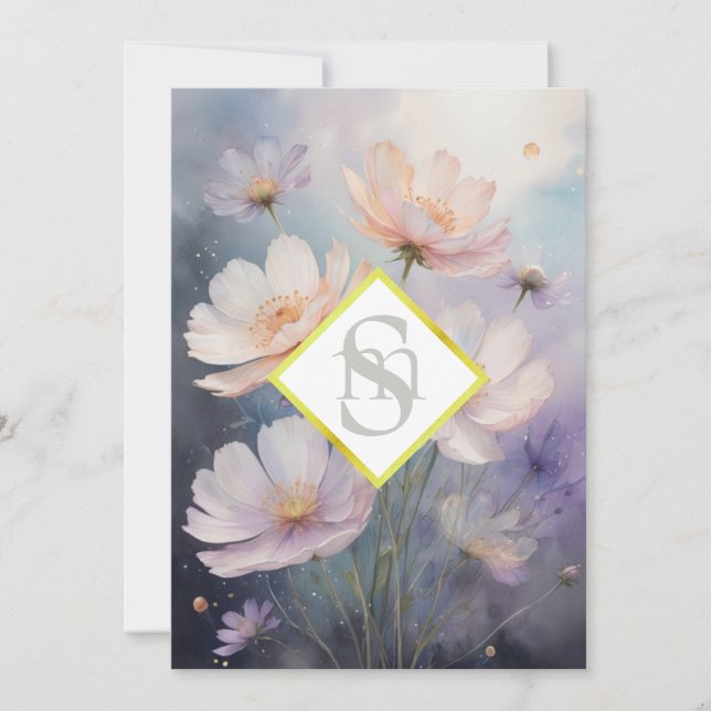 Convite * AR26 Cosmos Flowers Monograma QR RSVP Casamento (Frente)