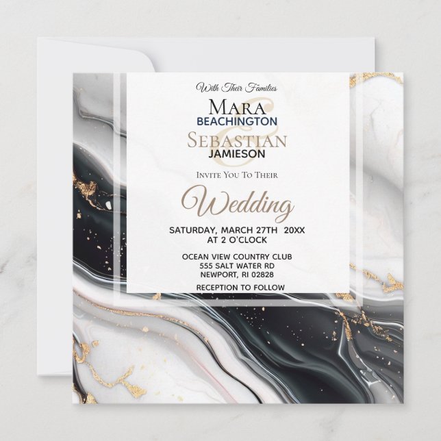 Convite *~* AR66 RSVP White Dourado Agate QR Casamento (Frente)