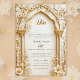 Convite Arabesco Bege/Dourado Arco Islâmico Floral Digital