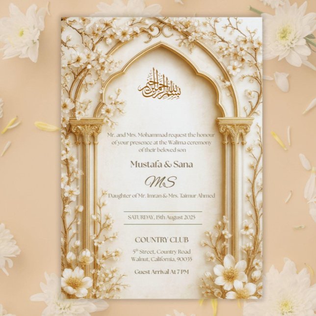 Convite Arabesco Bege/Dourado Arco Islâmico Floral Digital (Criador carregado)