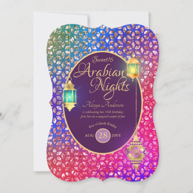 Convite Arabian Nights Sweet 16 Quinceanera ANY AGE Party (Frente)