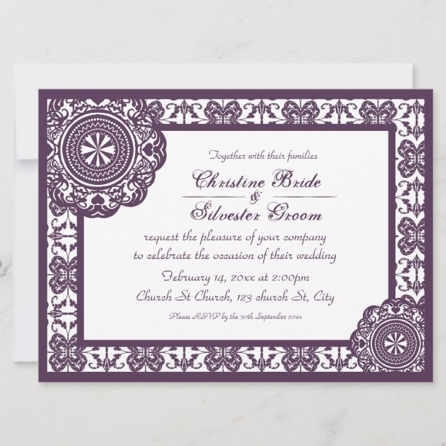 Convite Arábico Roxo Lace, casamento 6.5x8.75 (Frente)