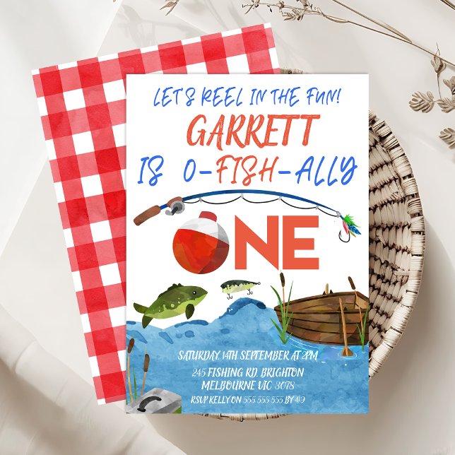 Convite Aranha De Pesca Diversão Ofisicamente Um primeiro  (Let's Reel In The Fun 1st Birthday Invitation Template, Fishing 1st Birthday Invite, Ofishally One)