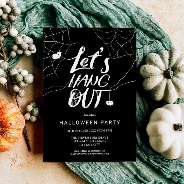 Convite Aranha-do-dia-das-bruxas-de-bruxas-do-halloween br (White cute modern Halloween spider hang out script Invitation)