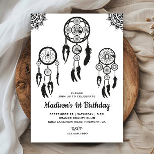 Convite Arapuca Boho Tribal Preto e Branco para Aniversári