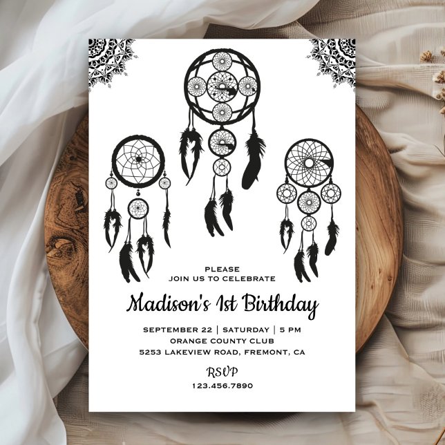 Convite Arapuca Boho Tribal Preto e Branco para Aniversári (Criador carregado)