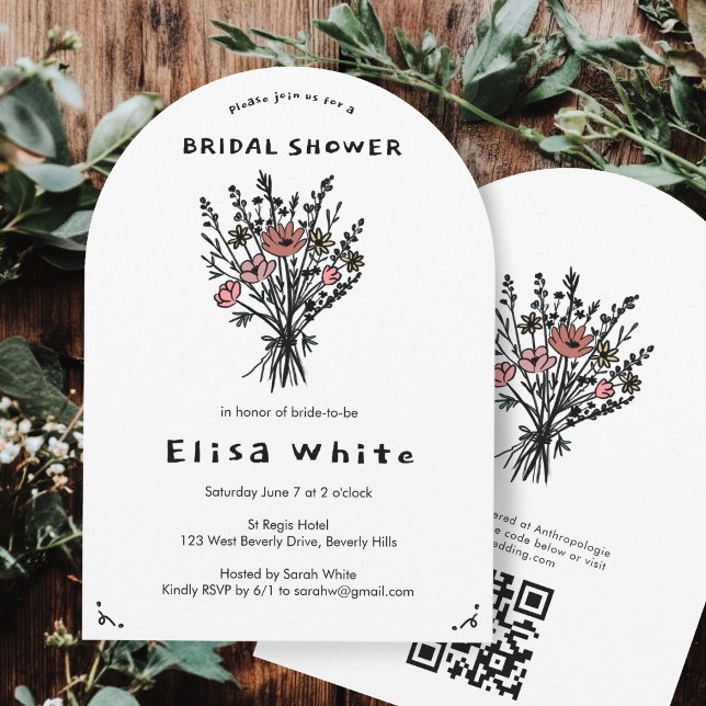 Convite Arca Bridal Quimológica RQR Rústica de Buquê de Fl (Wildflower Bouquet Rustic Whimsical QR Bridal Arch Invitation
)