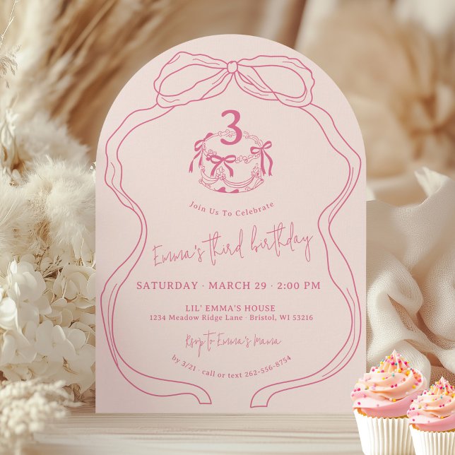 Convite Arca de Aniversário de Garota Rosa-Rosa-Arco Desen (Sweet girly modern hand drawn coquette pink bow cake girl 3rd birthday party arch invitation)