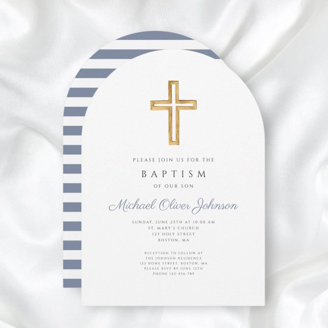 Convite Arca de Batismo de Menino da Greve Azul com Enferm (Religious Cross Dusty Blue Stripe Boy Baptism Arch Invitation)