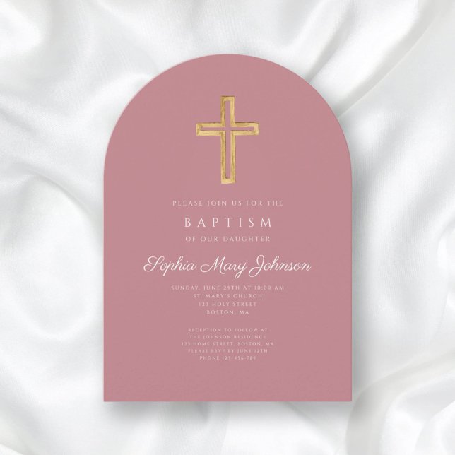Convite Arca de Batismo Religiosa Rosa Elegante (Elegant Pink Religious Cross Girl Baptism Arch Invitation)