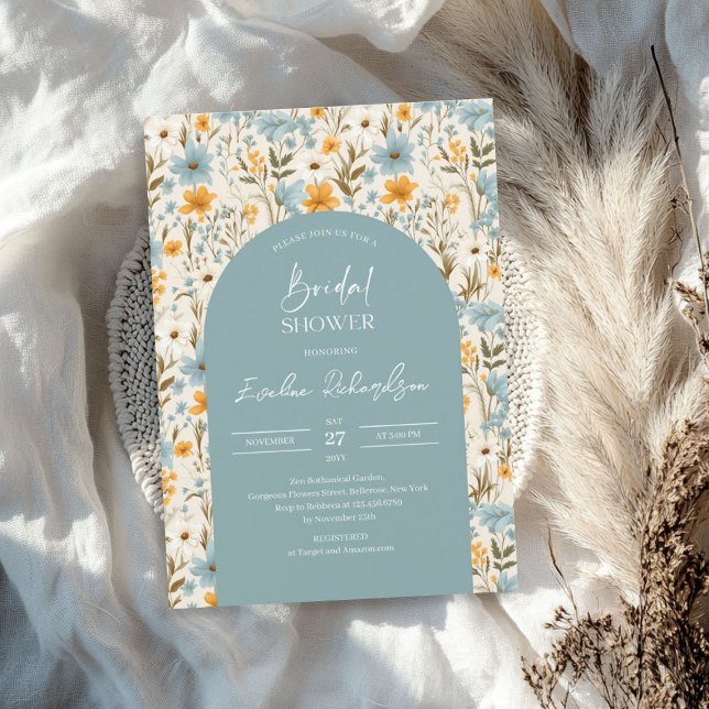 Convite Arca-de-boho-aquarela-clara-amarela-clara (Boho arch watercolor light blue yellow wildflowers invitation)