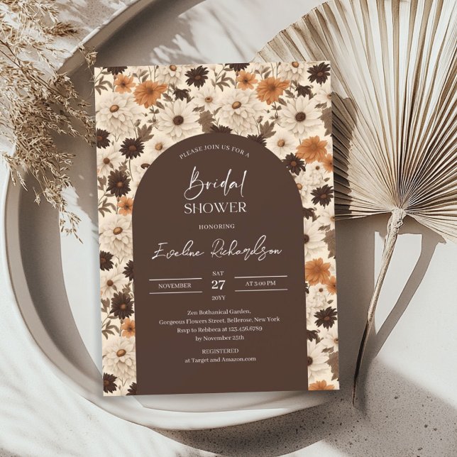 Convite Arca de boho castanho matiz marfim flor de marfim (Boho arch watercolor brown hues ivory wildflower invitation)
