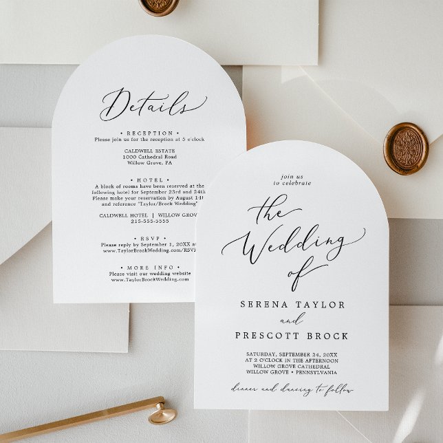 Convite Arca De Caligrafia Negra Delicada Em Um Casamento (Delicate Black Calligraphy Arch All In One Wedding Invitation)