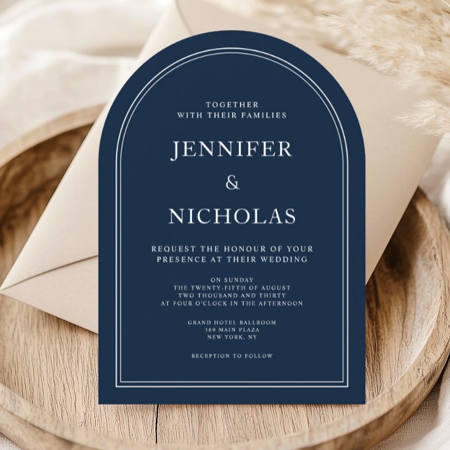 Convite Arca de Casamento Azul de Marinho Clássico Elegant (Elegant Classic Formal Navy Blue Wedding Arch Invitation)
