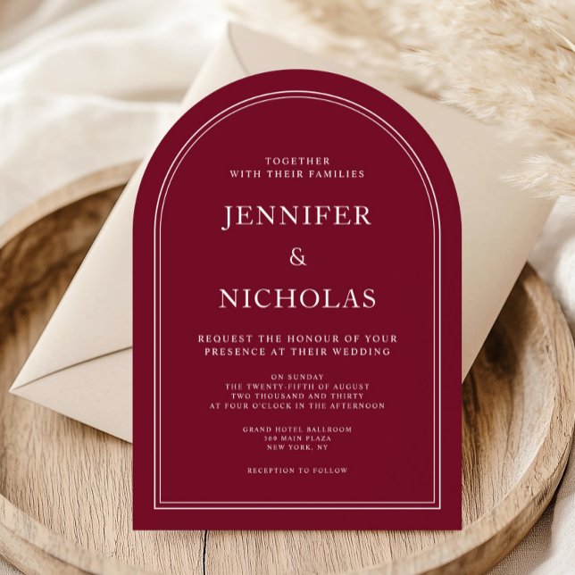 Convite Arca de Casamento Formal da Borgonha Clássica Eleg (Elegant Classic Formal Burgundy Wedding Arch Invitation)
