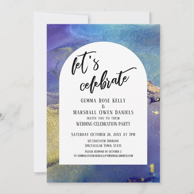 Convite Arca de Celebração de Vamos de Tinta Dourada Roxa  (Frente)