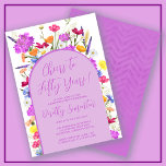 Convite Arca de flor selvagem roxa 50ª Festa de aniversári<br><div class="desc">Um arco de Boho roxo rodeia seus 50º detalhes da Festa de aniversário. Flores silvestres coloridas adicionam um toque floral em roxo, amarelo alaranjado e vermelho. A escrita moderna também em roxo adiciona uma vibração de tendência que também é feminina. O dorso é roxo profundo com um sutil padrão de...</div>