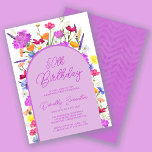 Convite Arca de flor selvagem roxa 50ª Festa de aniversári<br><div class="desc">Um arco de Boho roxo rodeia seus 50º detalhes da Festa de aniversário. Flores silvestres coloridas adicionam um toque floral em roxo, amarelo alaranjado e vermelho. A escrita moderna também em roxo adiciona uma vibração de tendência que também é feminina. O dorso é roxo profundo com um sutil padrão de...</div>