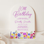 Convite Arca de flor selvagem roxa do aniversário de 30 an<br><div class="desc">Uma bonito borda de flor silvestre enfeita o fundo deste convite para aniversário de 30 anos adulto. Flores roxas, azuis, amarelas e alaranjadas criam um design colorido e feliz para celebrar esse aniversário marco. A caligrafia roxa moderna e simples acrescenta um toque de tendência para mantê-la fresca. O fluxo de...</div>