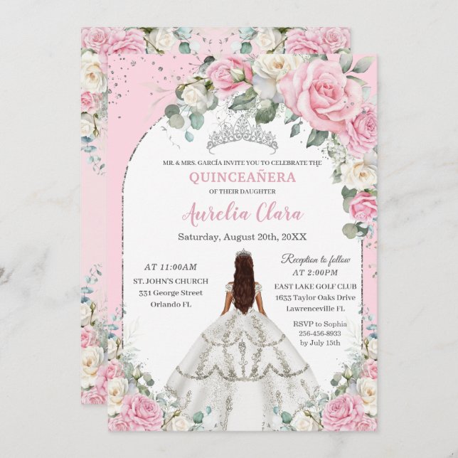 Convite Arca de Prata Floral Branca Rosa Quinceanera Sweet (Frente/Verso)