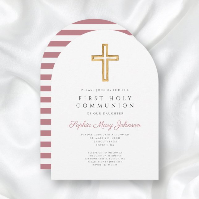 Convite Arca de Primeira Comunhão Rosa Moderna (Modern Pink Cross Girl First Communion Arch Invitation)