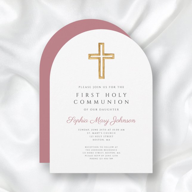 Convite Arca de Primeira Comunhão Rosa Moderna (Modern Pink Cross Girl First Communion Arch Invitation)