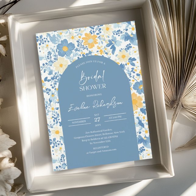 Convite Arca-do-boho, flores silvestres azuis-claras e col (Boho arch colorful light blue yellow wildflowers invitation)